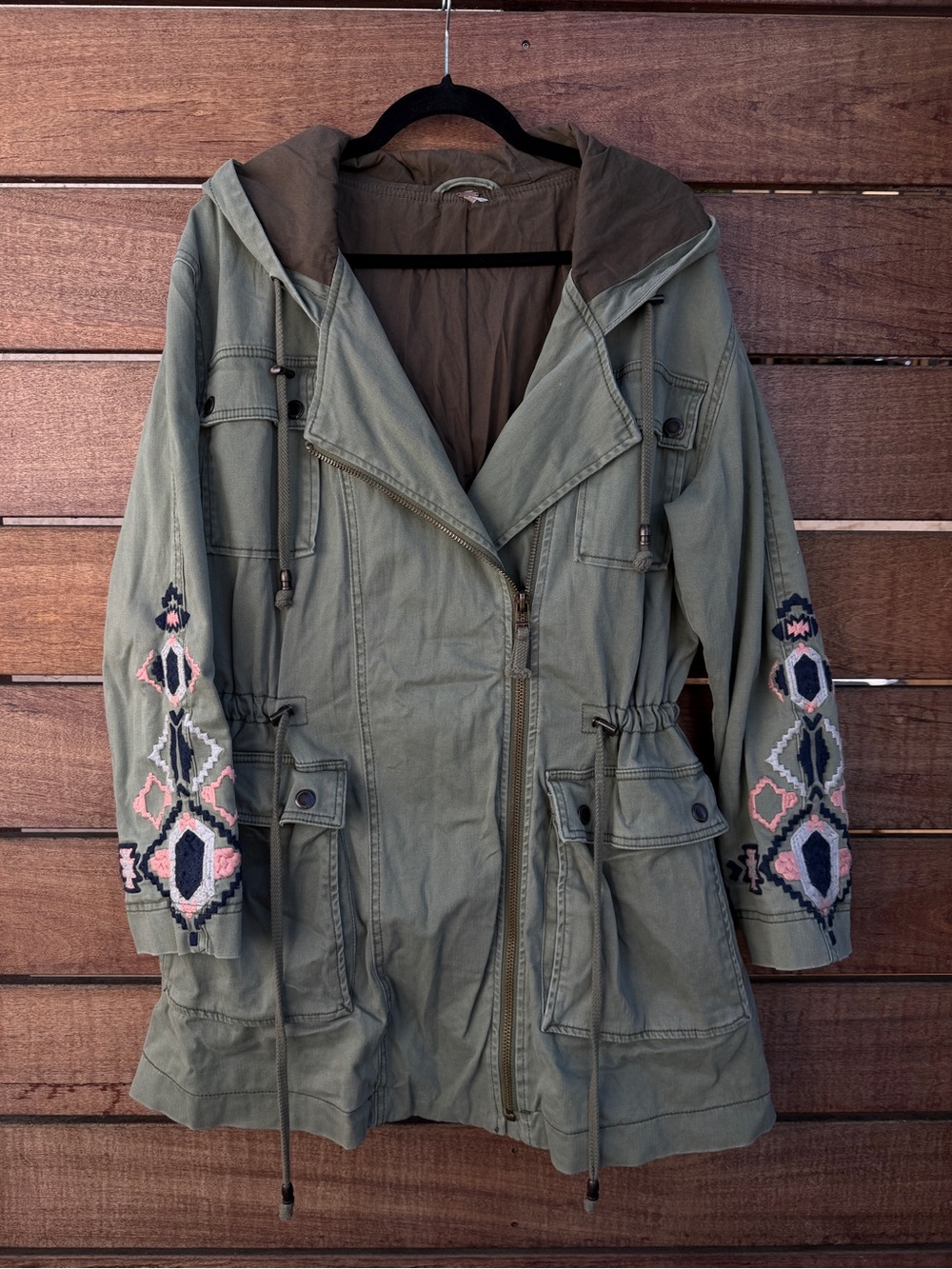 Free People Boho Military Coat Jacket with Embroidery, Olive, Size M